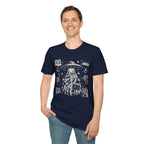 Man in punk fanzine UFO navy blue t-shirt with saucer tractor beam, anarchist symbols, and question everything slogans