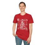 Man in red punk fanzine UFO t-shirt with saucer tractor beam, anarchist symbols, and question everything slogans
