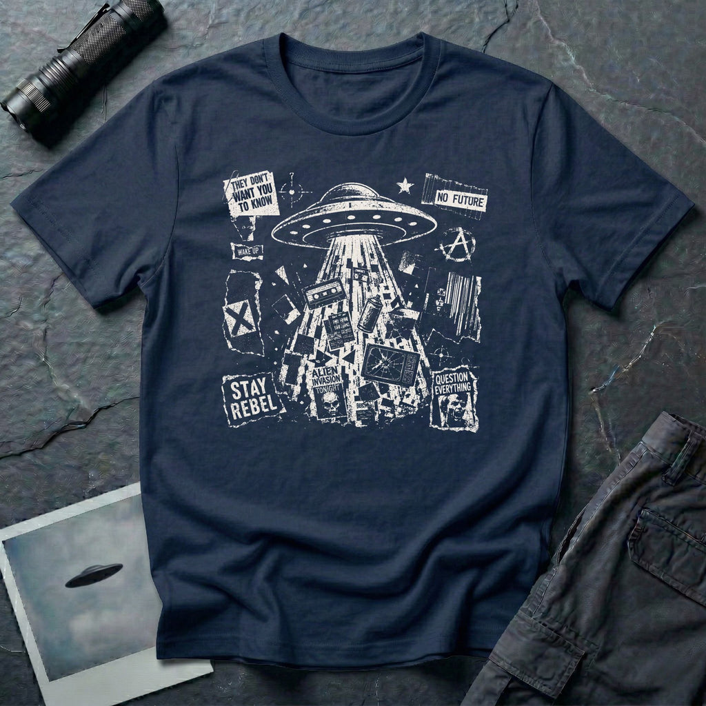 Punk fanzine UFO navy blue t-shirt with saucer tractor beam, anarchist symbols, and question everything slogans