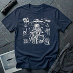 Punk fanzine UFO navy blue t-shirt with saucer tractor beam, anarchist symbols, and question everything slogans