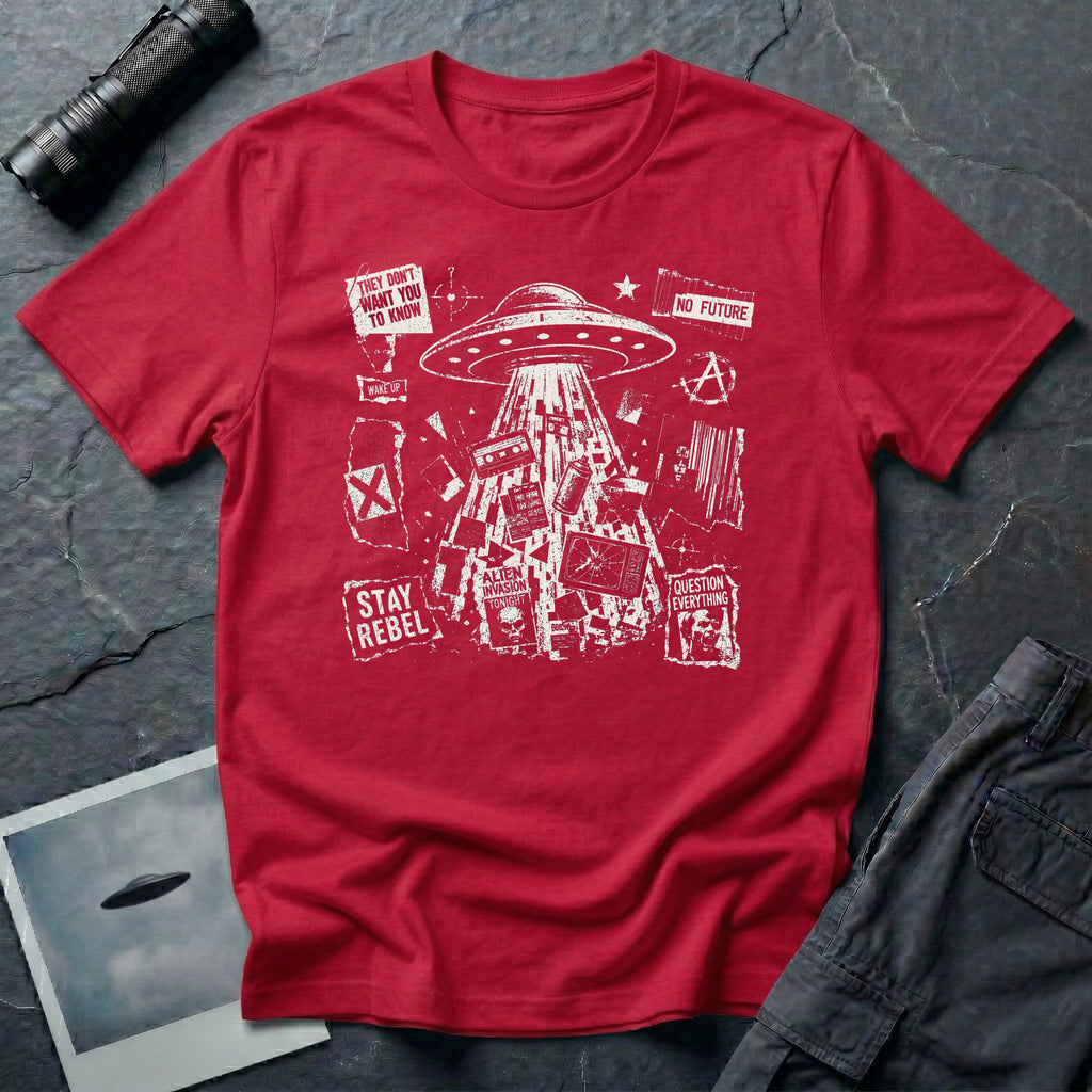 Punk fanzine UFO red t-shirt with saucer tractor beam, anarchist symbols, and question everything slogans