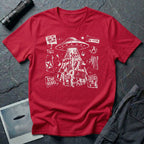 Punk fanzine UFO red t-shirt with saucer tractor beam, anarchist symbols, and question everything slogans