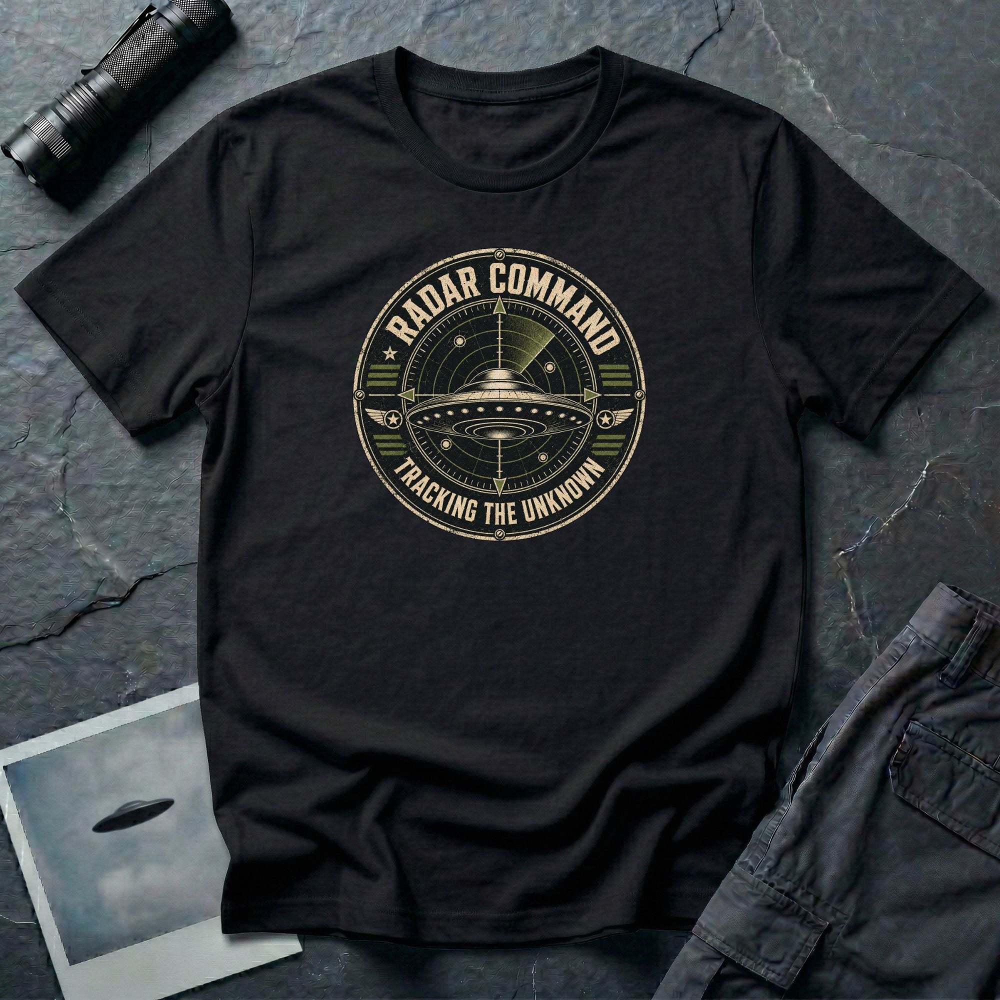 Radar Command UFO patch t-shirt with flying saucer on radar scope and vintage squadron design, black