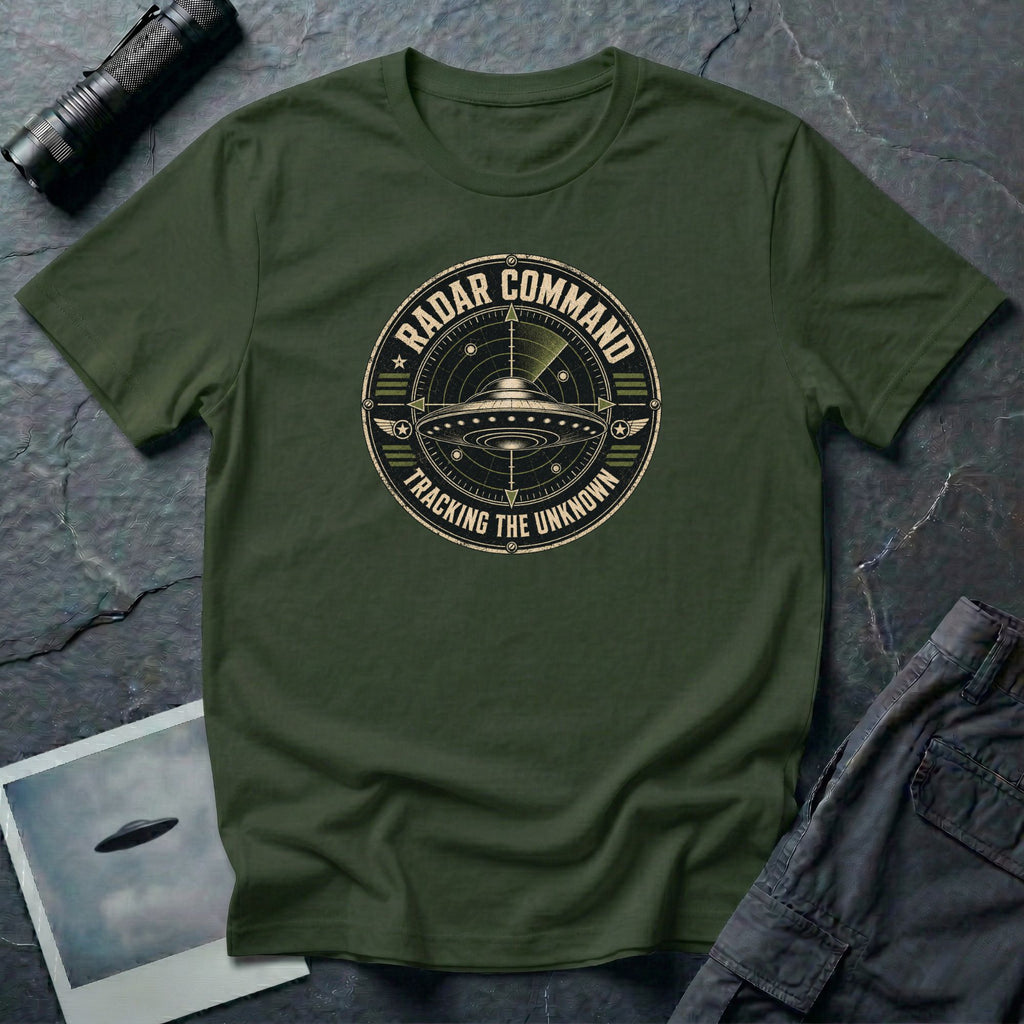 Radar Command UFO patch t-shirt with flying saucer on radar scope and vintage squadron design, military green