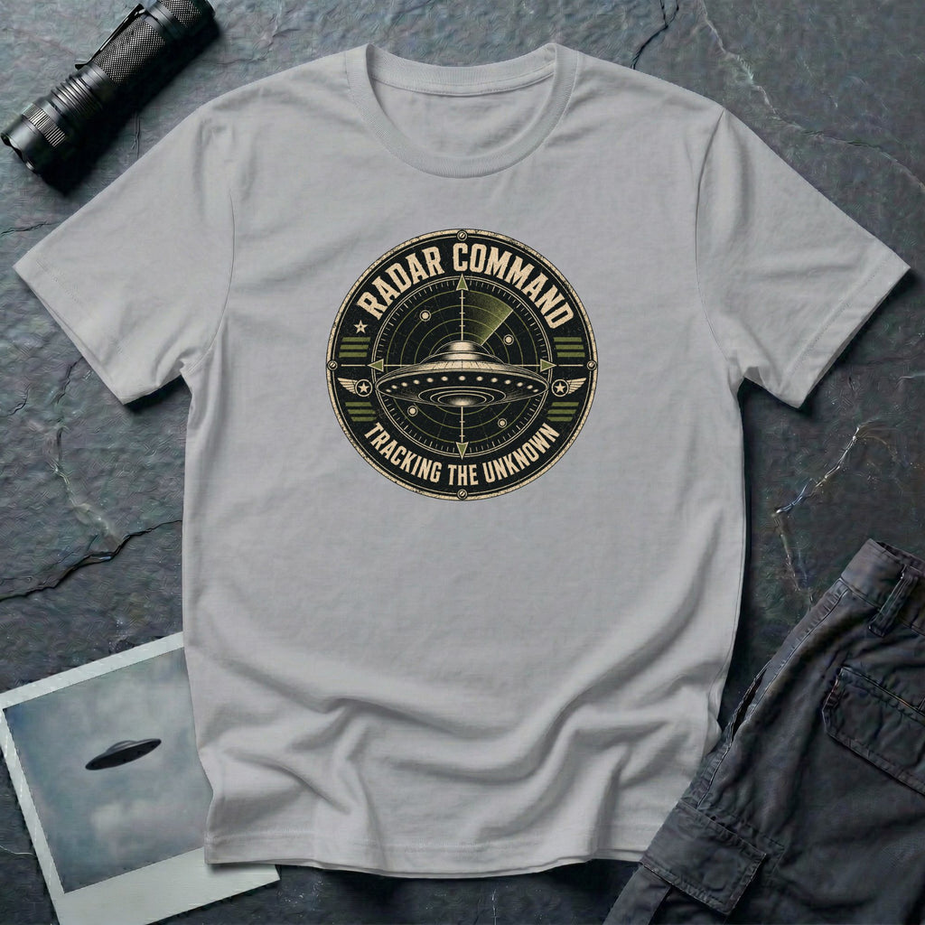 Radar Command UFO patch t-shirt with flying saucer on radar scope and vintage squadron design, grey