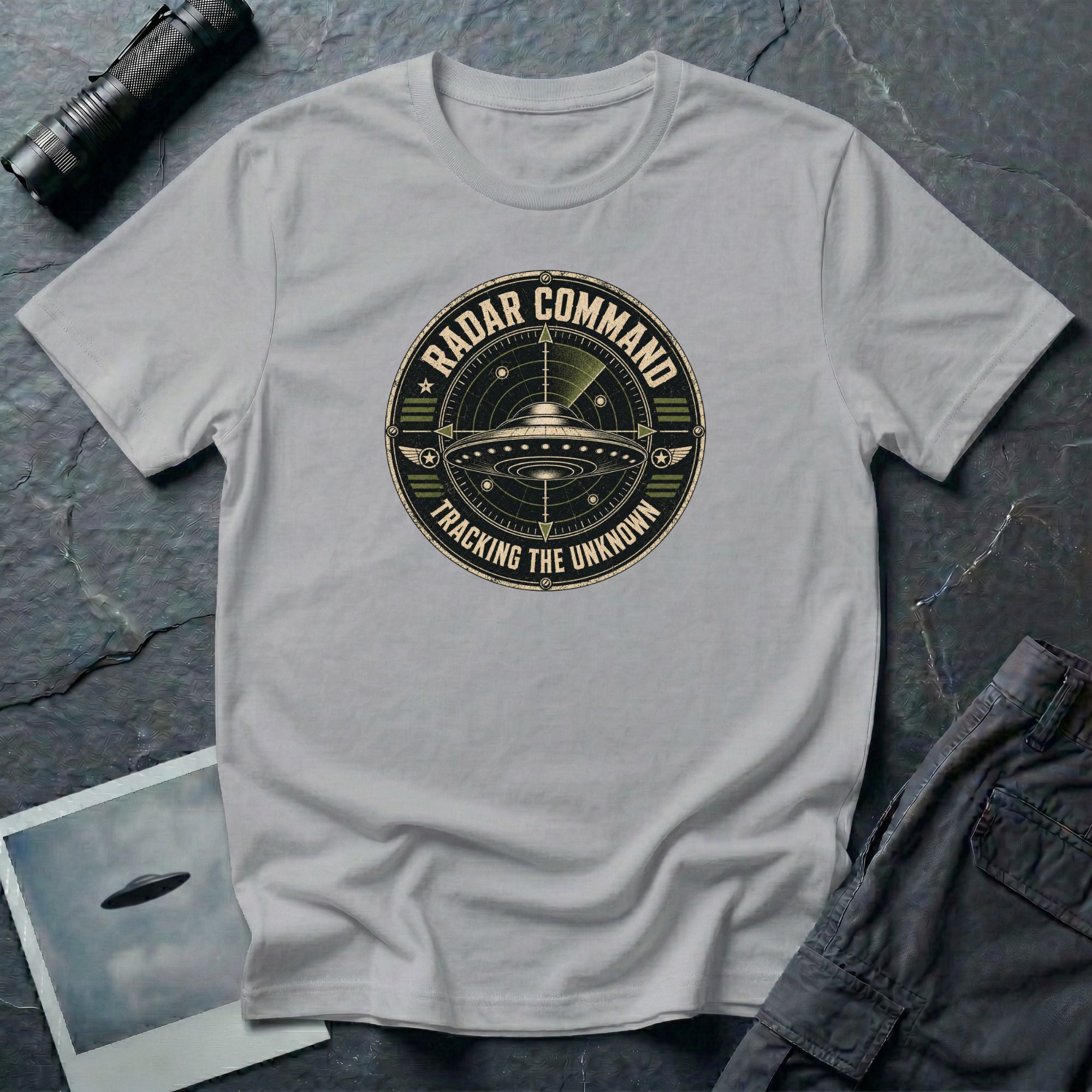 Radar Command UFO patch t-shirt with flying saucer on radar scope and vintage squadron design, grey