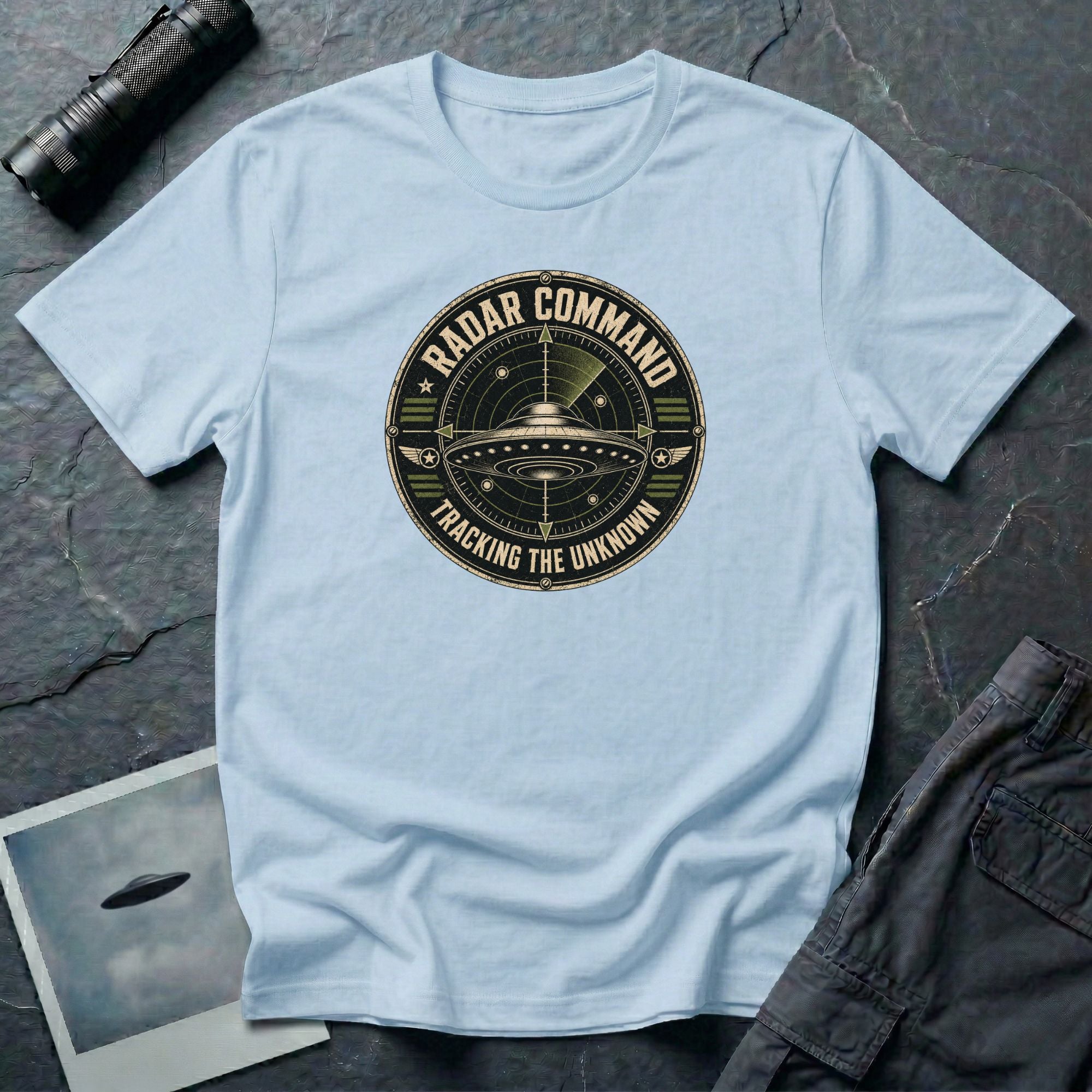 Radar Command UFO patch t-shirt with flying saucer on radar scope and vintage squadron design, light blue