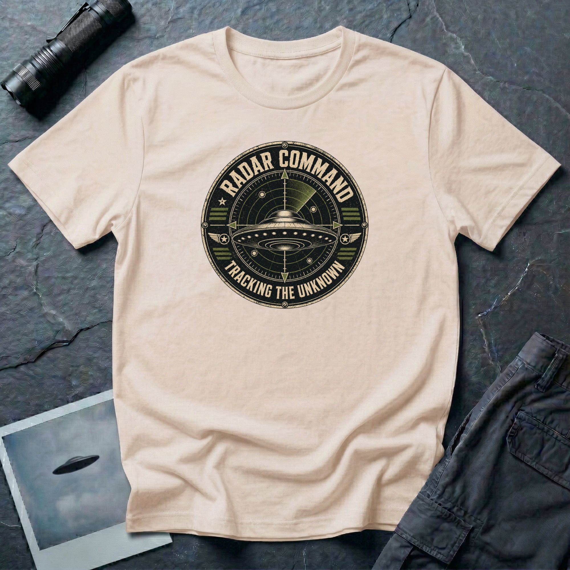 Radar Command UFO patch t-shirt with flying saucer on radar scope and vintage squadron design, natural
