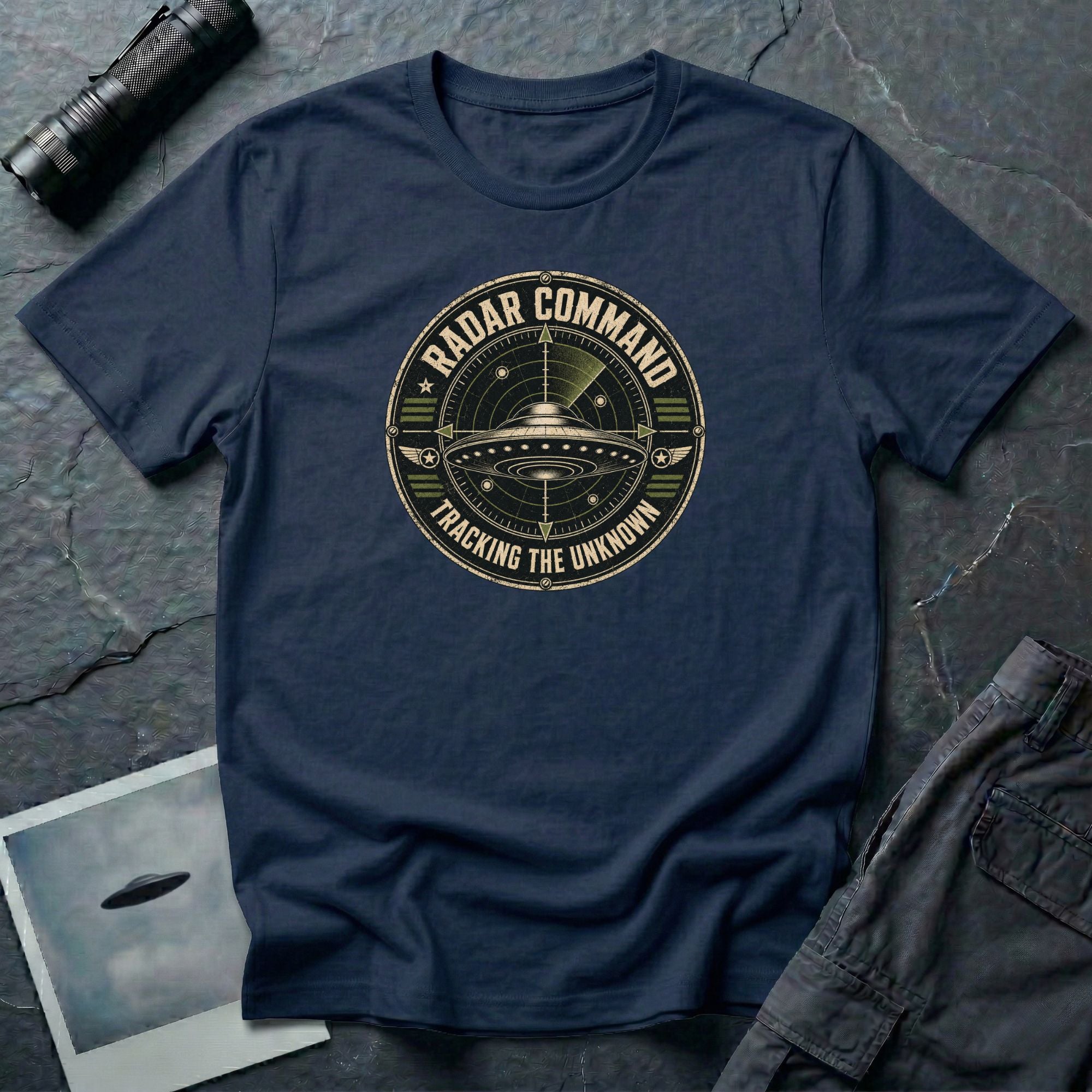 Radar Command UFO patch t-shirt with flying saucer on radar scope and vintage squadron design, navy blue