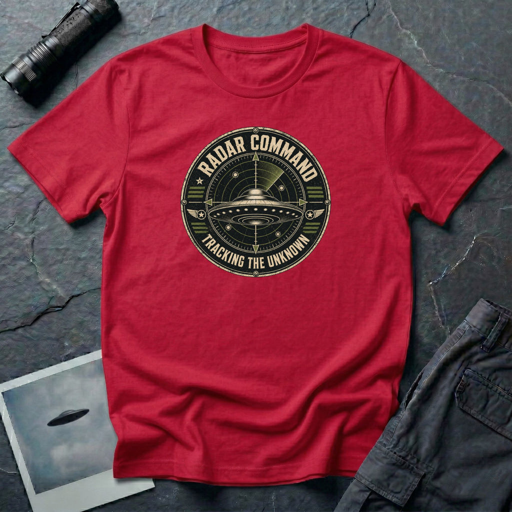 Radar Command UFO patch t-shirt with flying saucer on radar scope and vintage squadron design, red