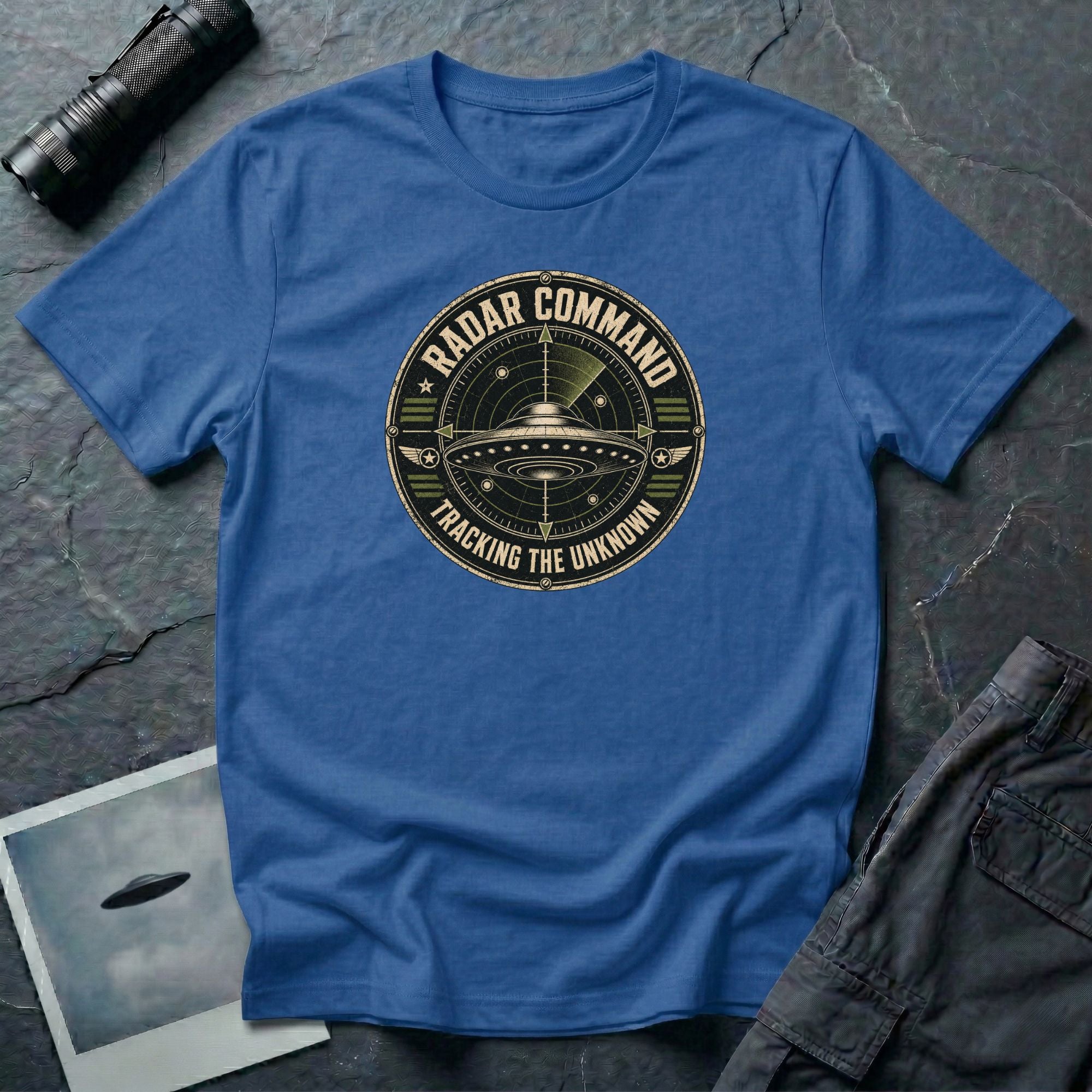 Radar Command UFO patch t-shirt with flying saucer on radar scope and vintage squadron design, royal blue