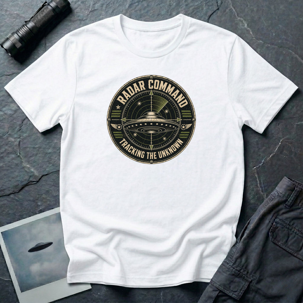 Radar Command UFO patch t-shirt with flying saucer on radar scope and vintage squadron design, white