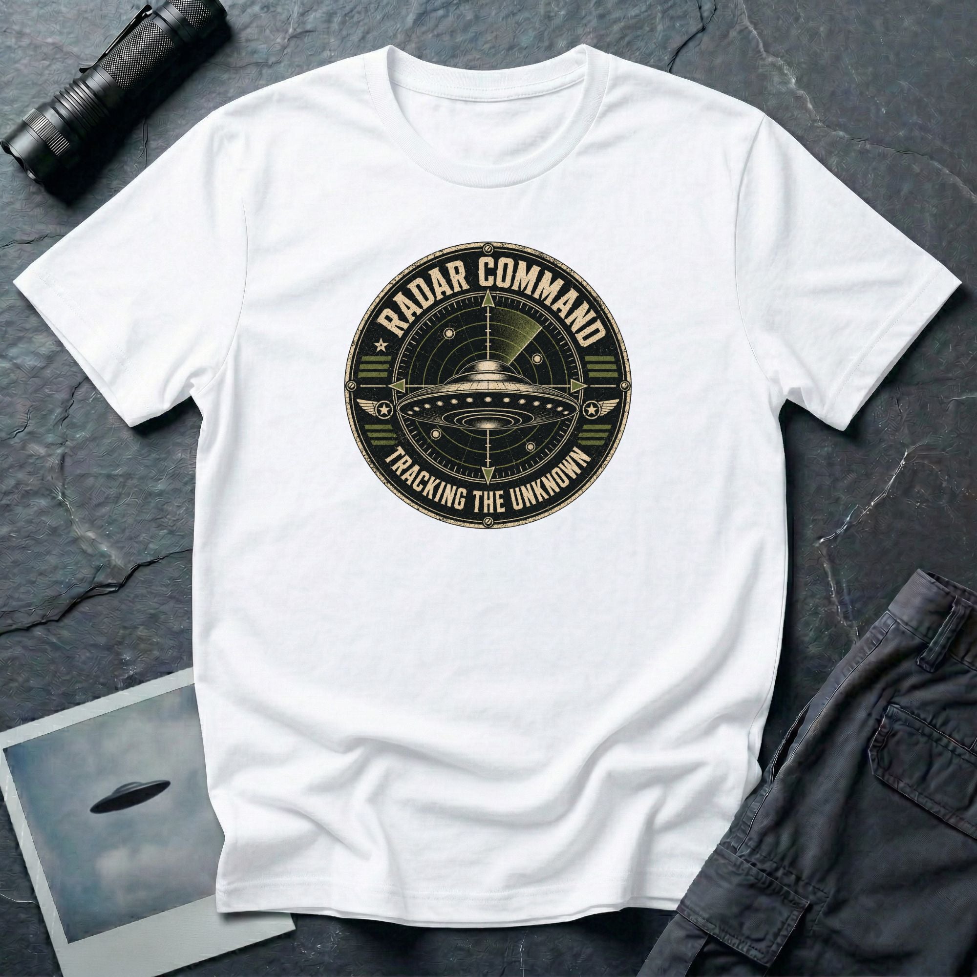 Radar Command UFO patch t-shirt with flying saucer on radar scope and vintage squadron design, white
