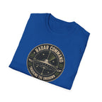 Radar Command UFO patch t-shirt with flying saucer on radar scope and vintage squadron design, folded, royal blue