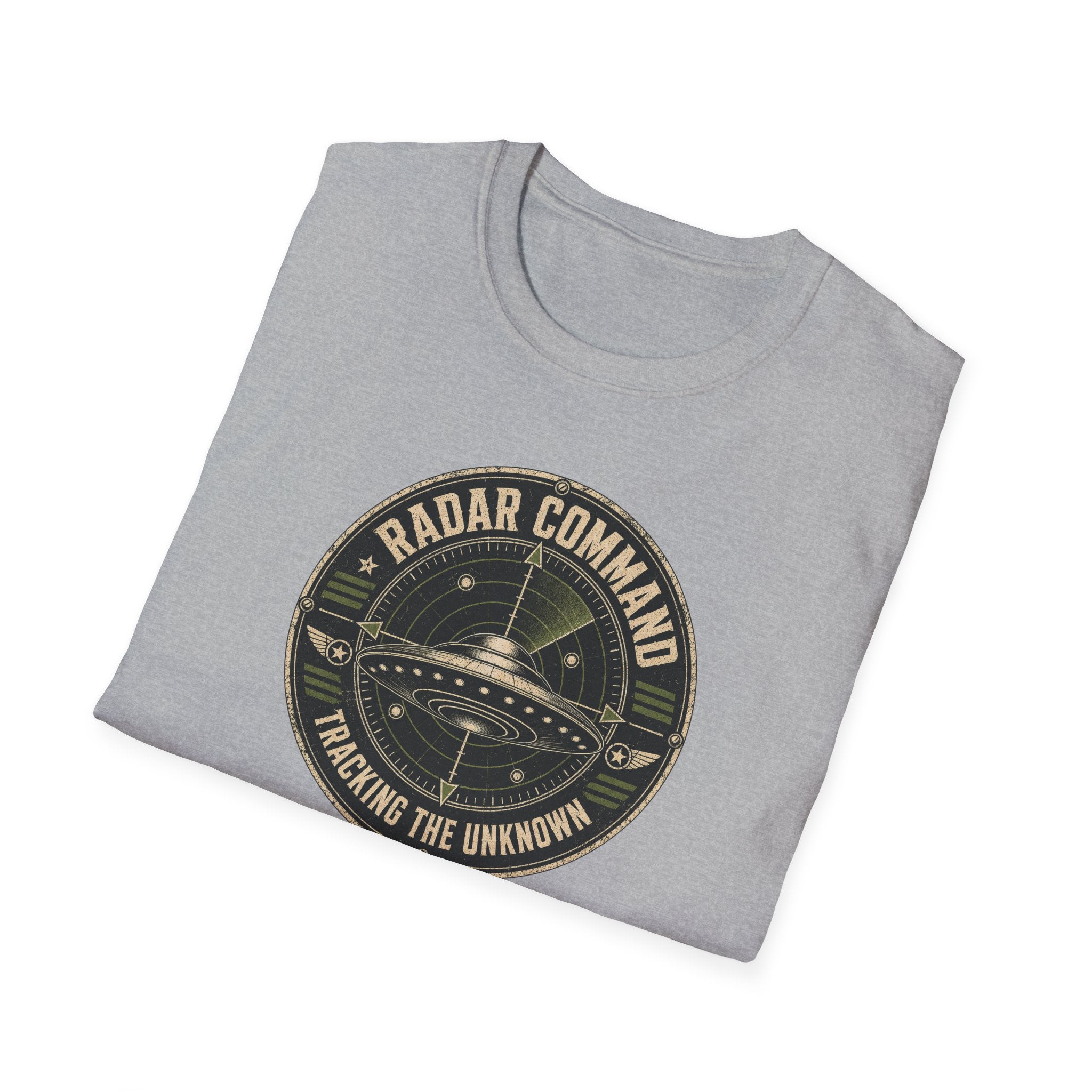 Radar Command UFO patch t-shirt with flying saucer on radar scope and vintage squadron design, folded, grey