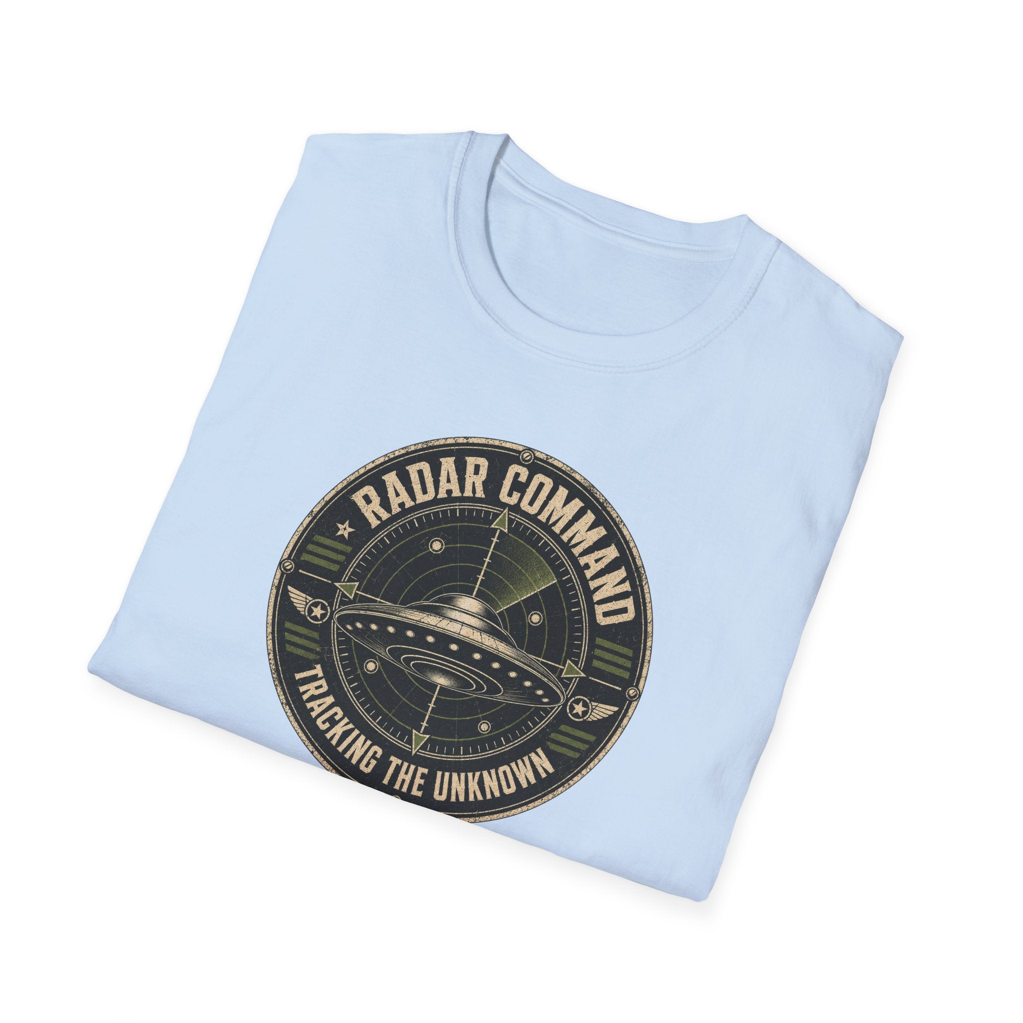 Radar Command UFO patch t-shirt with flying saucer on radar scope and vintage squadron design, folded, light blue
