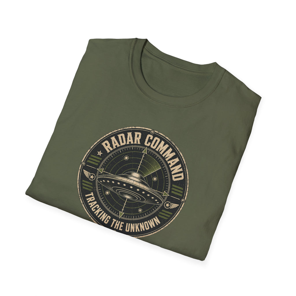 Radar Command UFO patch t-shirt with flying saucer on radar scope and vintage squadron design, folded, military green