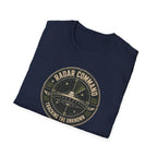 Radar Command UFO patch t-shirt with flying saucer on radar scope and vintage squadron design, folded, navy blue
