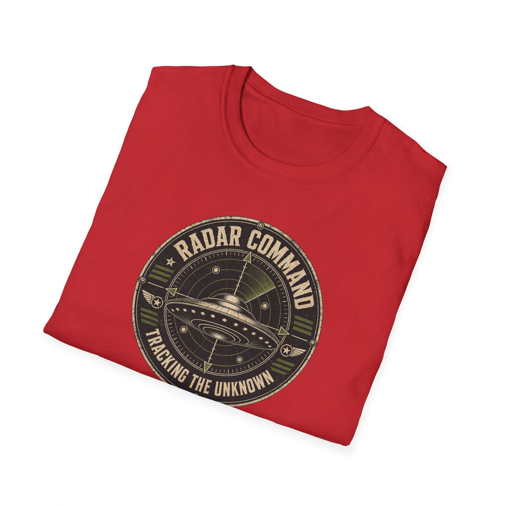 Radar Command UFO patch t-shirt with flying saucer on radar scope and vintage squadron design, folded, red