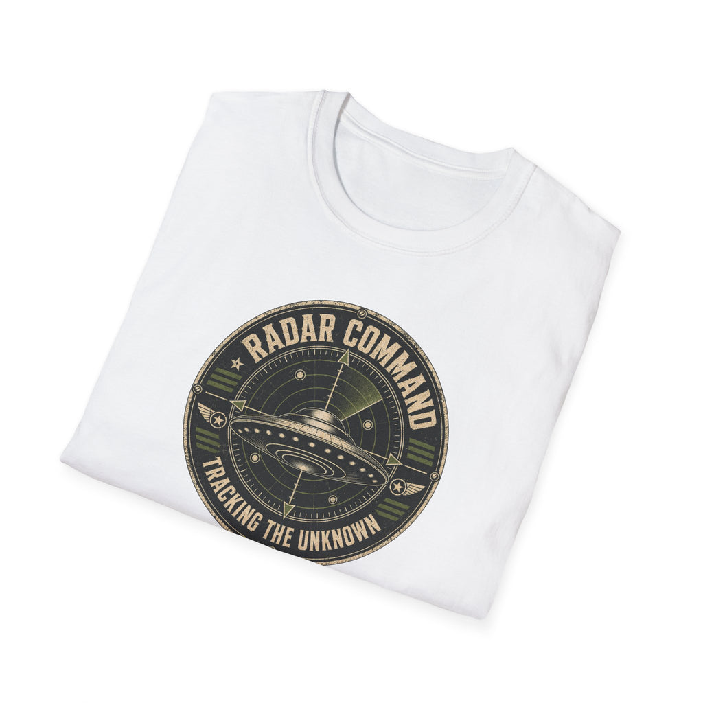 Radar Command UFO patch t-shirt with flying saucer on radar scope and vintage squadron design, folded, white