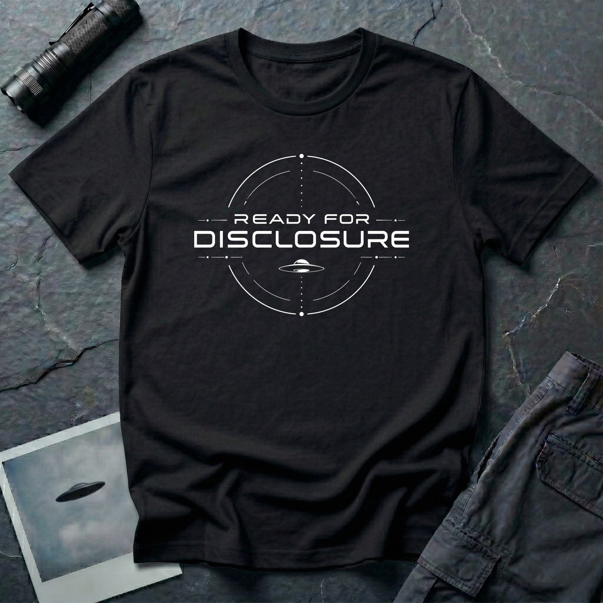 Black UFO disclosure t-shirt with a targeting reticle crosshair and the words READY FOR DISCLOSURE in white tech typography with a small flying saucer