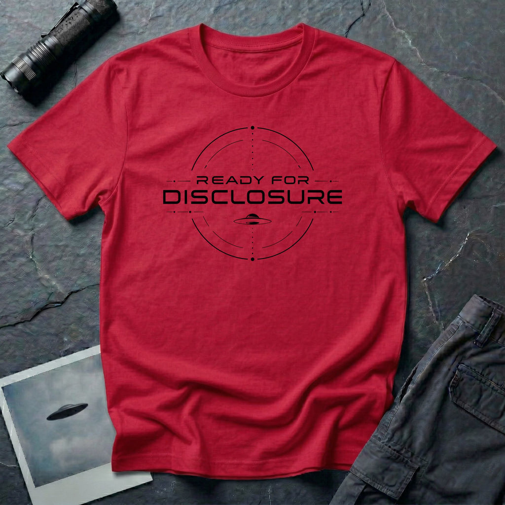 Red UFO disclosure t-shirt with a targeting reticle crosshair and the words READY FOR DISCLOSURE in black tech typography with a small flying saucer