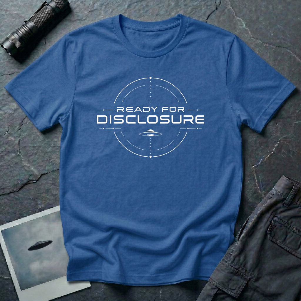 Blue UFO disclosure t-shirt with a targeting reticle crosshair and the words READY FOR DISCLOSURE in white tech typography with a small flying saucer