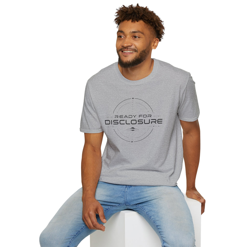 Man wearing grey UFO disclosure t-shirt with a targeting reticle crosshair and the words READY FOR DISCLOSURE in black tech typography with a small flying saucer