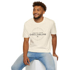 Man in natural UFO disclosure t-shirt with a targeting reticle crosshair and the words READY FOR DISCLOSURE in black tech typography with a small flying saucer