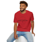 Man in red UFO disclosure t-shirt with a targeting reticle crosshair and the words READY FOR DISCLOSURE in black tech typography with a small flying saucer