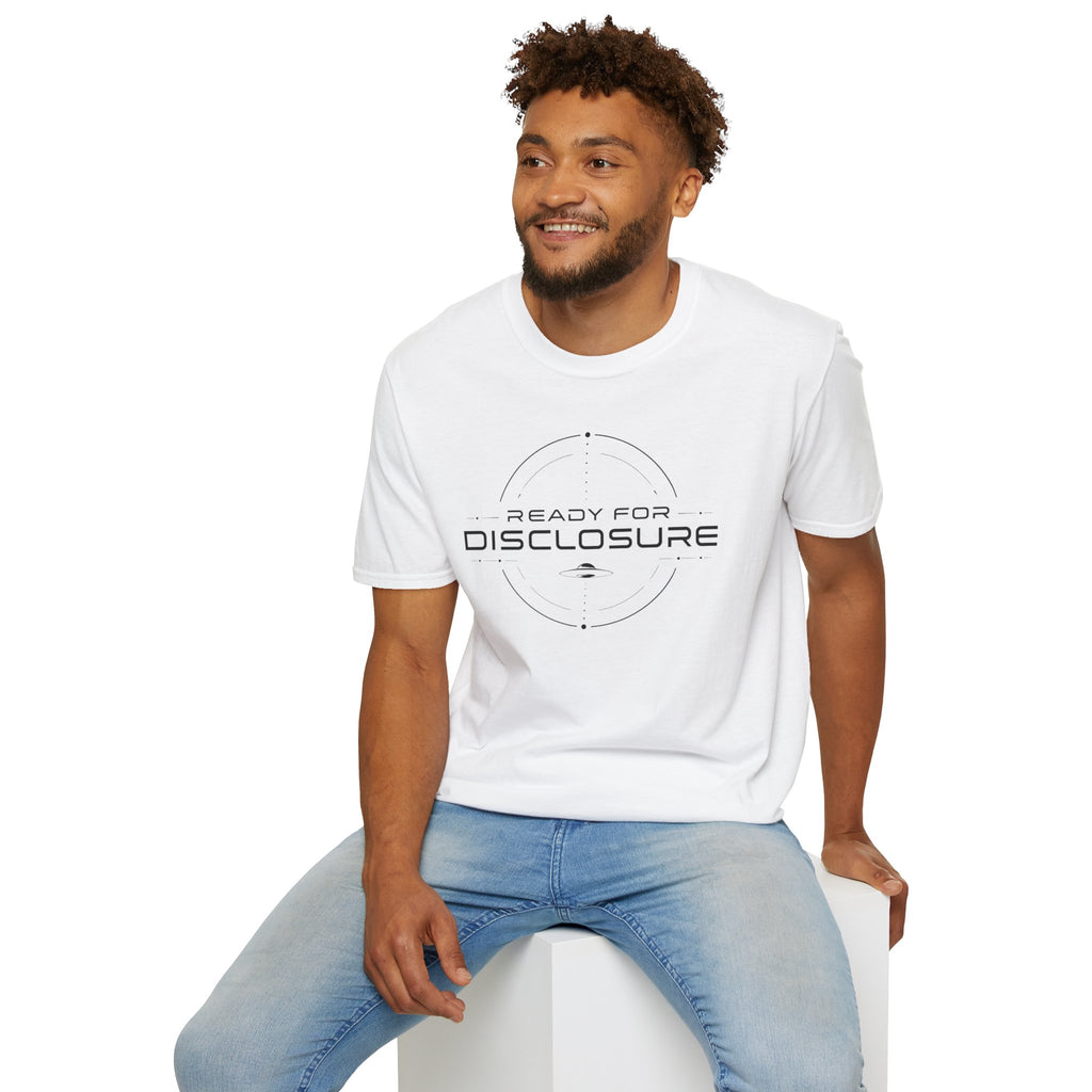 Man wearing white UFO disclosure t-shirt with a targeting reticle crosshair and the words READY FOR DISCLOSURE in black tech typography with a small flying saucer