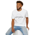 Man wearing white UFO disclosure t-shirt with a targeting reticle crosshair and the words READY FOR DISCLOSURE in black tech typography with a small flying saucer
