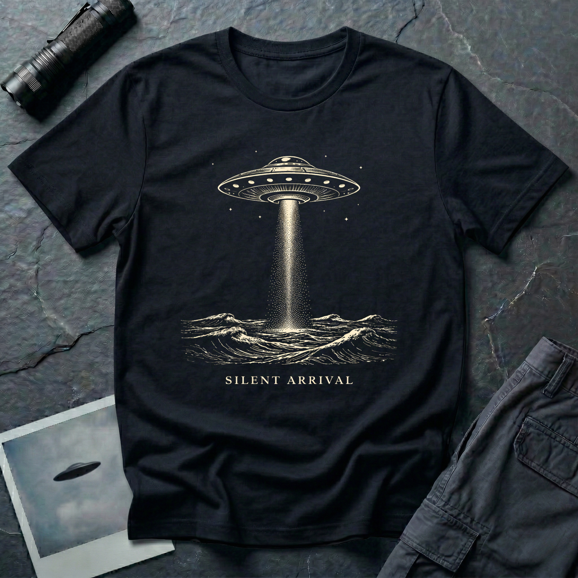 Silent Arrival ocean UFO t-shirt — flying saucer hovering over ocean waves with light beam on black unisex cotton tee
