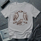 Silent Wings Owl UFO t-shirt with three engraved owls and three saucers in a circular design, grey