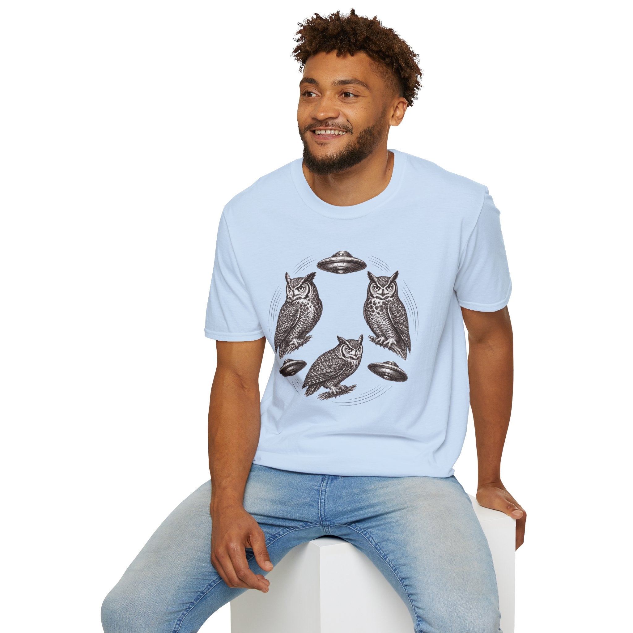 Silent Wings Owl UFO t-shirt with three engraved owls and three saucers in a circular design, light blue