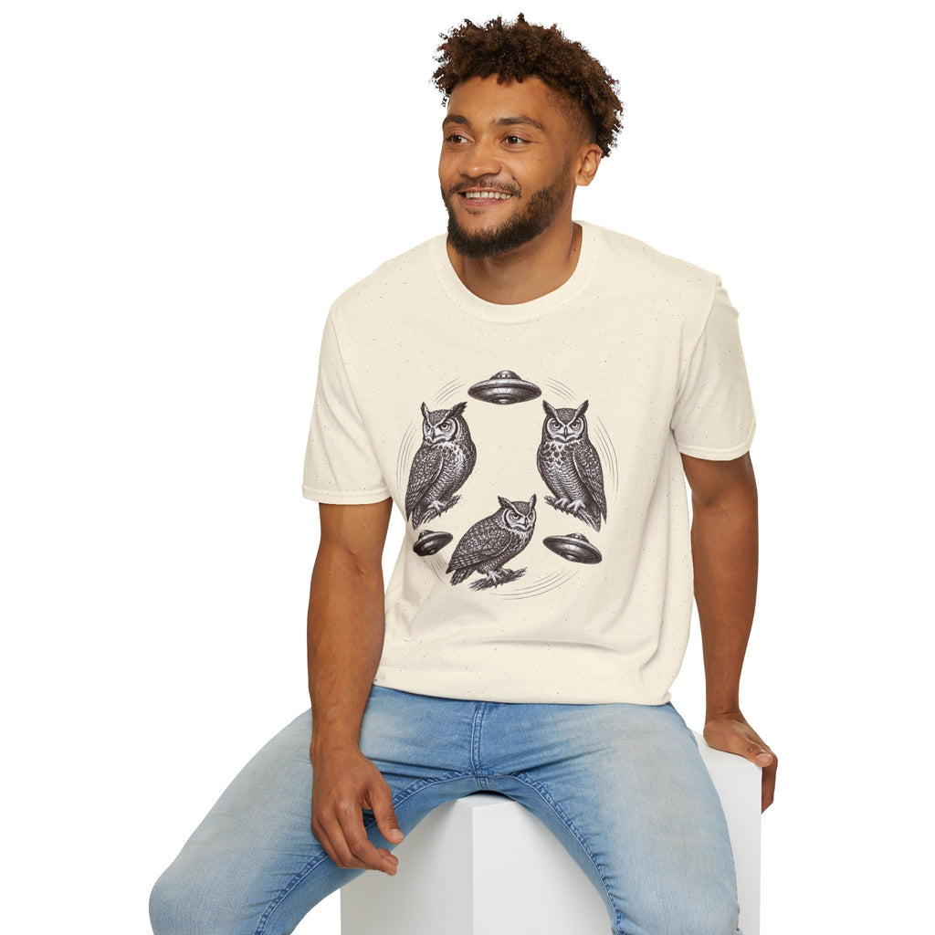 Silent Wings Owl UFO t-shirt with three engraved owls and three saucers in a circular design, natural