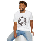 Silent Wings Owl UFO t-shirt with three engraved owls and three saucers in a circular design, white