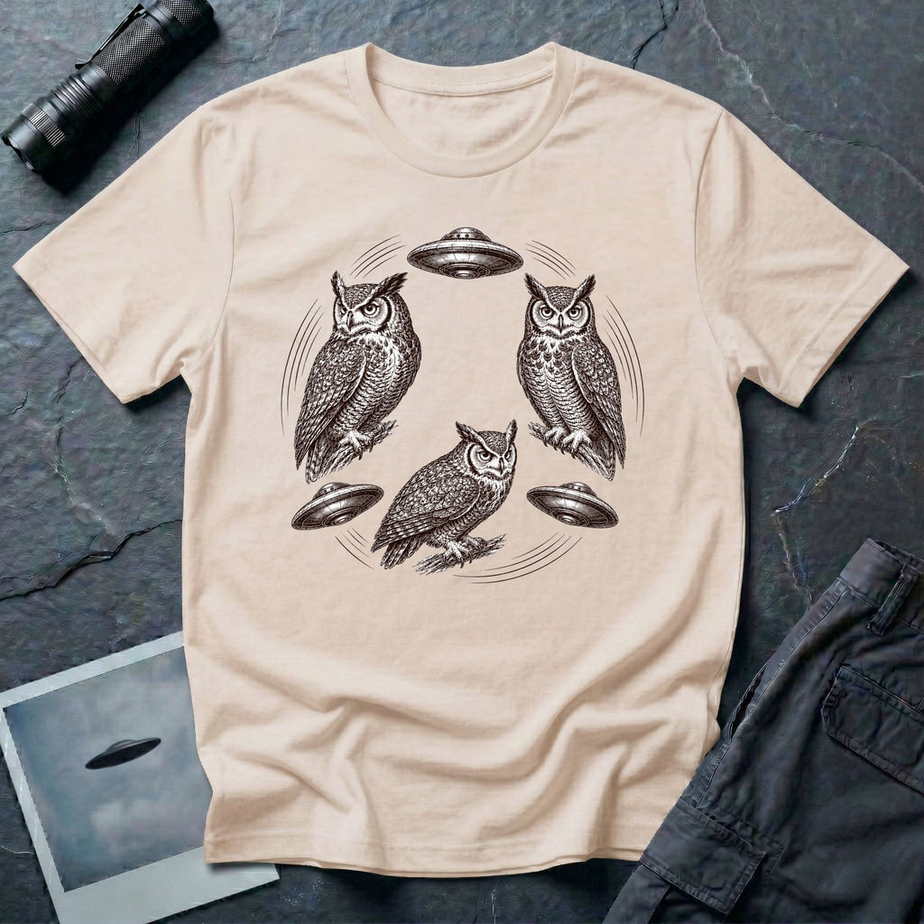 Silent Wings Owl UFO t-shirt with three engraved owls and three saucers in a circular design, natural
