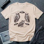 Silent Wings Owl UFO t-shirt with three engraved owls and three saucers in a circular design, natural