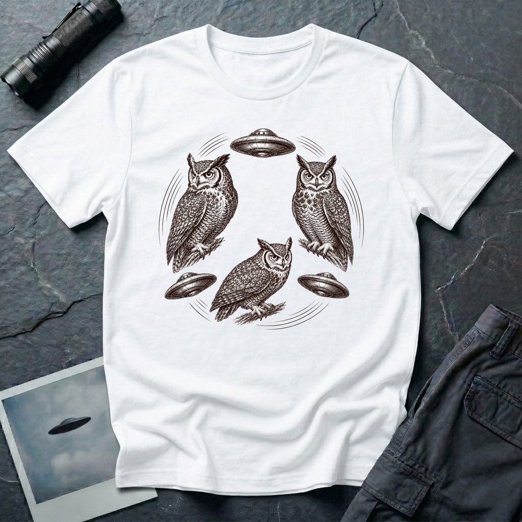 Silent Wings Owl UFO t-shirt with three engraved owls and three saucers in a circular design, white