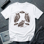 Silent Wings Owl UFO t-shirt with three engraved owls and three saucers in a circular design, white