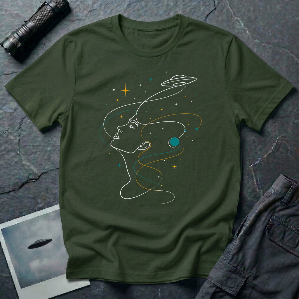 Sky Dreamer UFO t-shirt with single-line art of a woman gazing up at a saucer with stars, green
