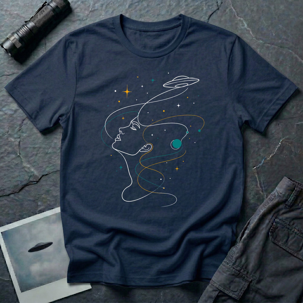 Sky Dreamer UFO t-shirt with single-line art of a woman gazing up at a saucer with stars, navy blue