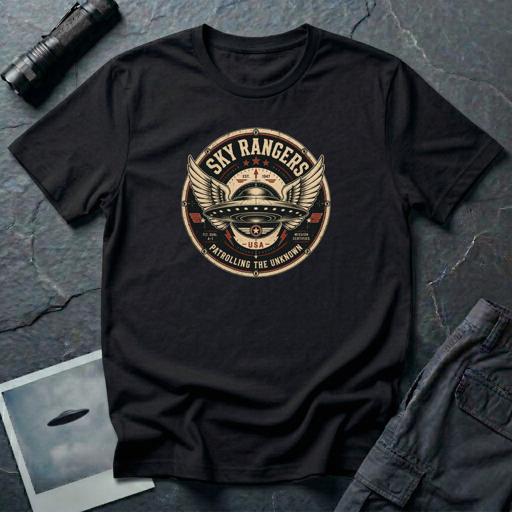 Sky Rangers UFO badge t-shirt with wings, saucer and vintage 1947 squadron patch design, black