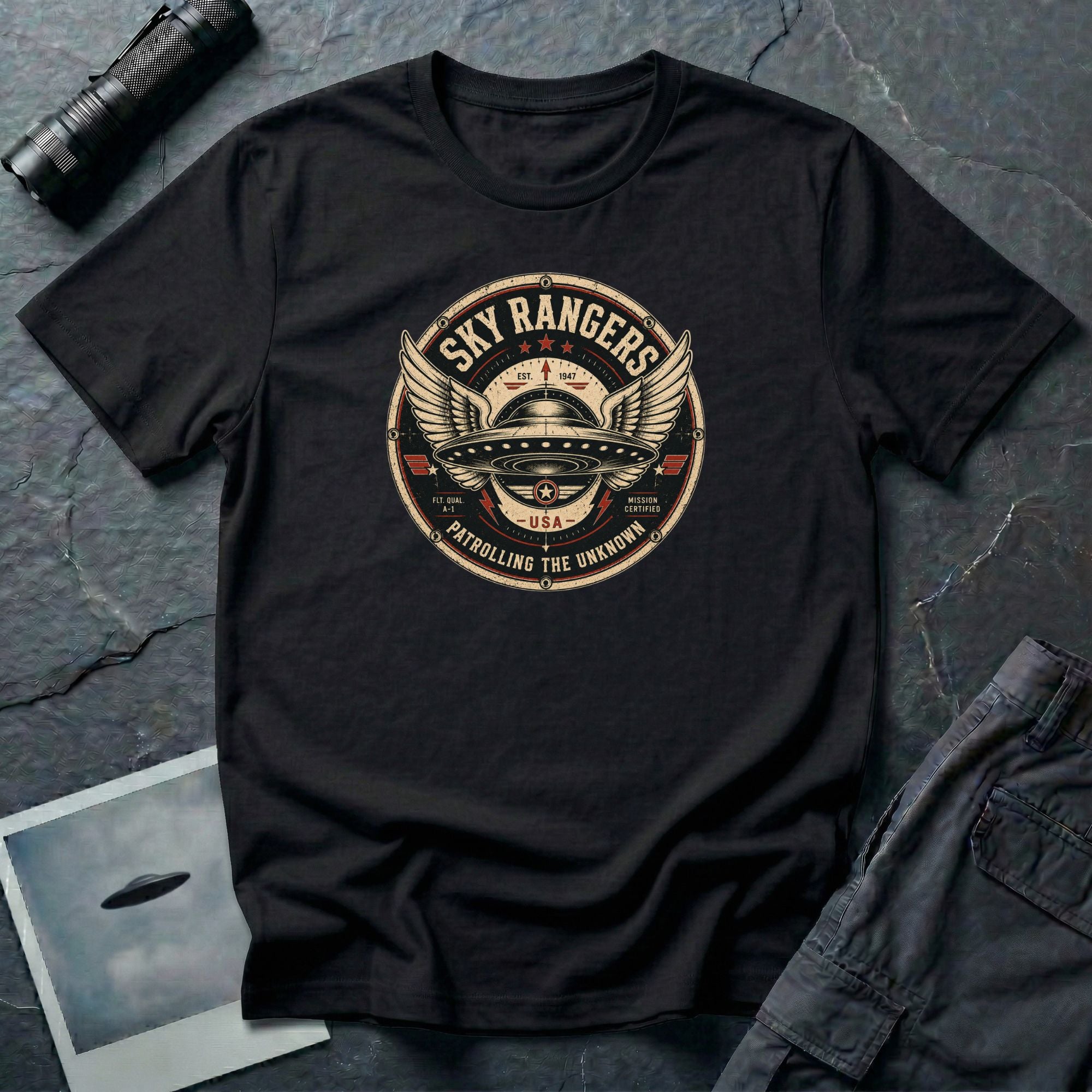 Sky Rangers UFO badge t-shirt with wings, saucer and vintage 1947 squadron patch design, black