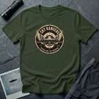 Sky Rangers UFO badge t-shirt with wings, saucer and vintage 1947 squadron patch design, military green.