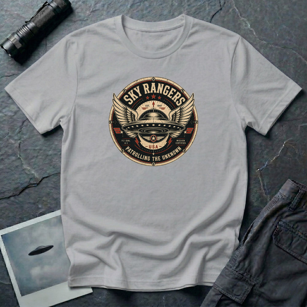 Sky Rangers UFO badge t-shirt with wings, saucer and vintage 1947 squadron patch design, grey