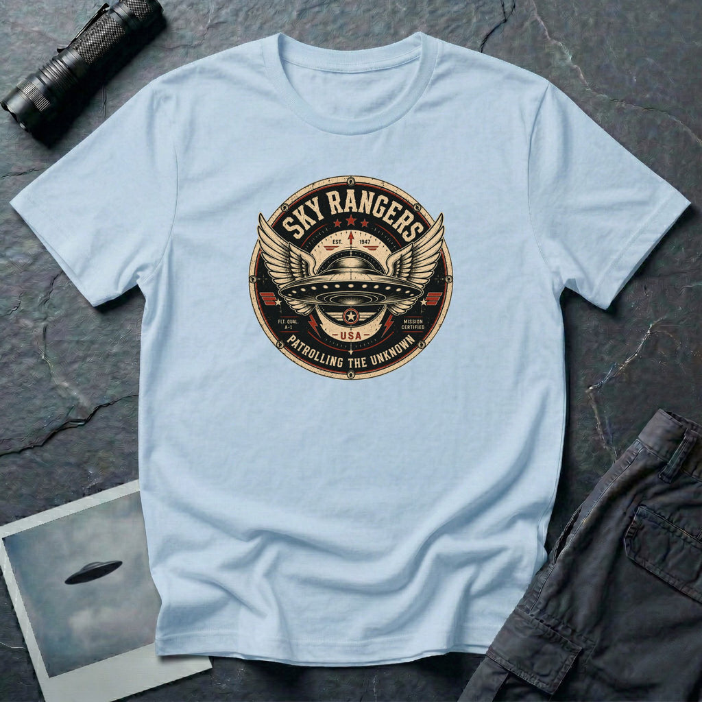 Sky Rangers UFO badge t-shirt with wings, saucer and vintage 1947 squadron patch design, light blue