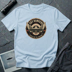 Sky Rangers UFO badge t-shirt with wings, saucer and vintage 1947 squadron patch design, light blue