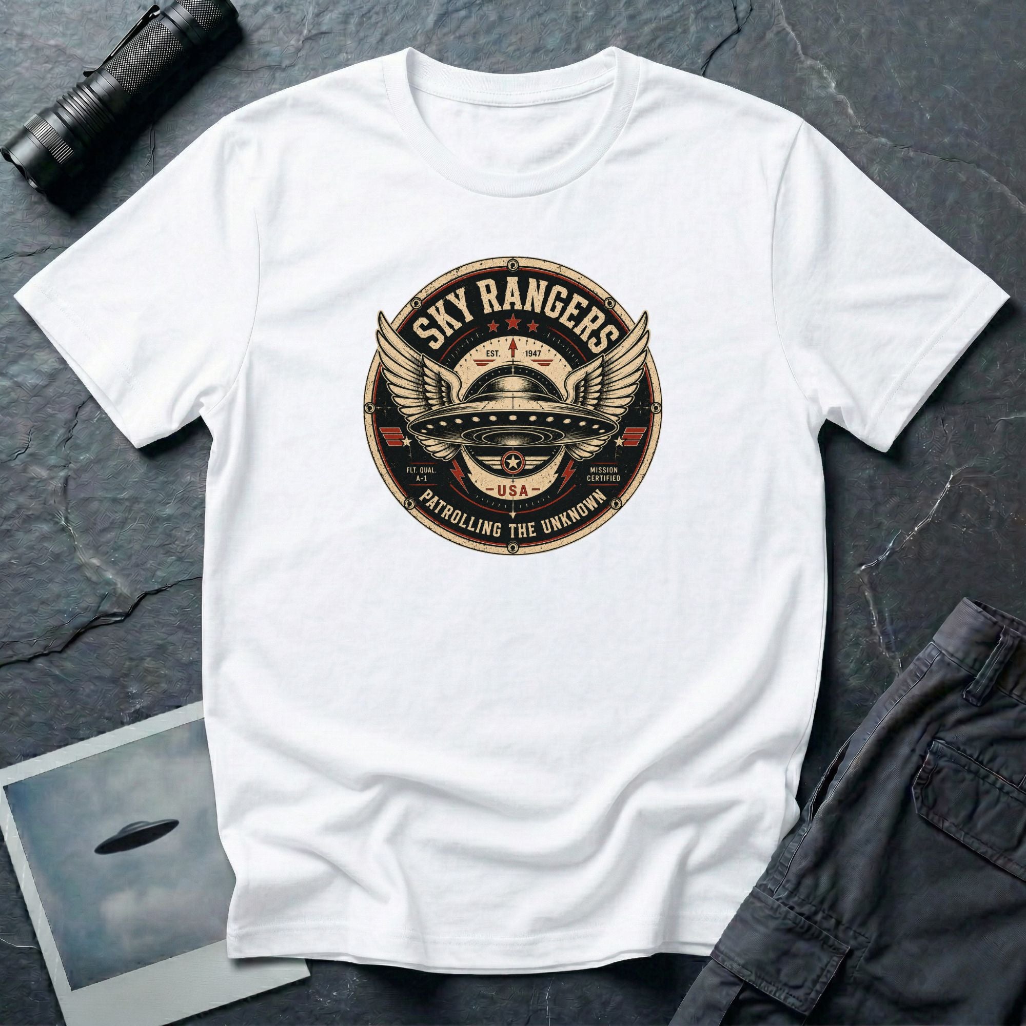 Sky Rangers UFO badge t-shirt with wings, saucer and vintage 1947 squadron patch design, white